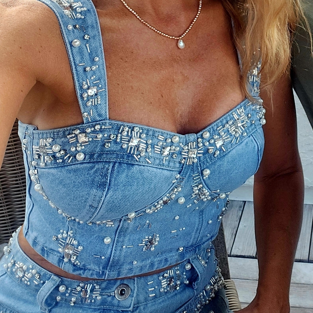 Patbo Hand Beaded Denim Top - Picture 3 of 15